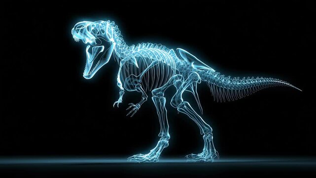 Dinosaur Fossil: An image showcasing the illuminated skeletal remains of a dinosaur. The transparent bones stand out against a dark backdrop, emphasizing its structure.