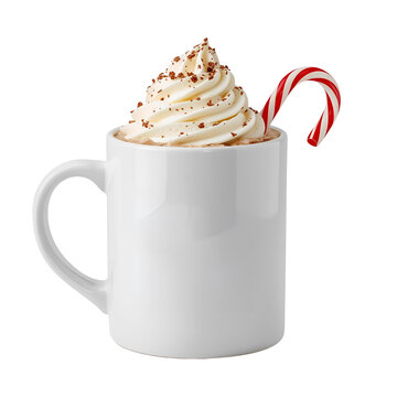 Christmas hot chocolate with candy cane isolated on transparent background