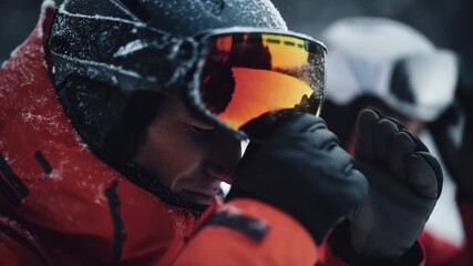Snow-covered mountain scene features two skiers in orange gear, showcasing intense focus and determination, with a gradual zoom in on their expressions and surroundings - Powered by Adobe