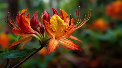 Vibrant Flame Azalea Blossom: A Close-Up Exploration of Forest Blooms Along the Footpath