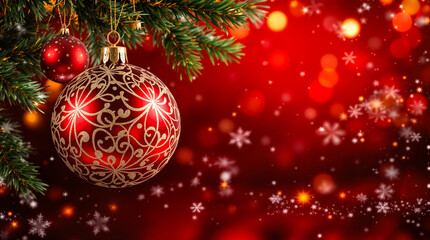 Weihnachtskugel mit goldenem Ornament an Tannenzweig vor rotem Bokeh-Hintergrund mit Schneeflocken und Lichtern