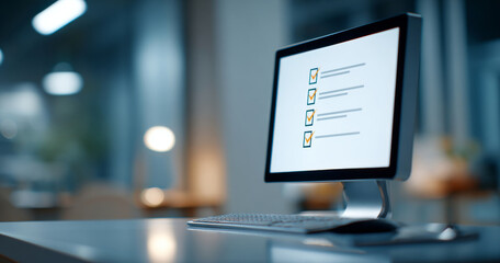 Computer monitor displaying a checklist with completed tasks in a modern environment with blurred background