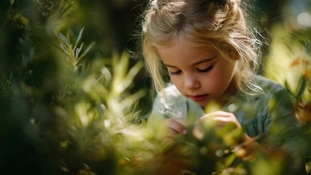 Young girl exploring nature, gently touching leaves and examining small objects, with a soft focus on greenery, showcasing curiosity and discovery in a serene environment