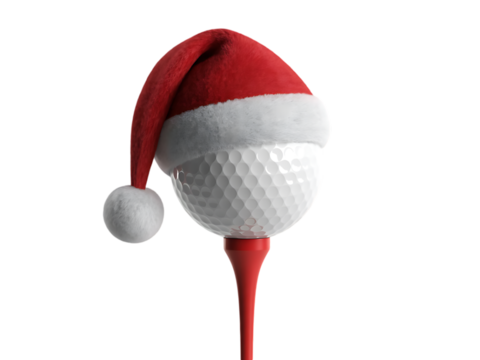 A golf ball with a Santa hat sits on a tee, ready for play.