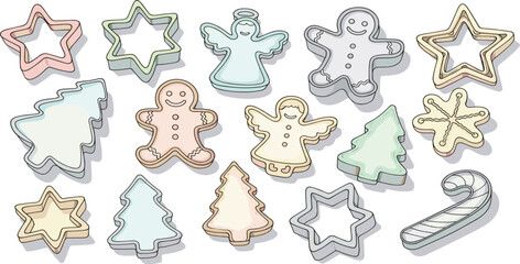 Obraz premium Collection of diverse holiday cookie cutters, featuring festive shapes like stars, angels, trees, and gingerbread figures, ideal for seasonal baking and creating delightful homemade treats