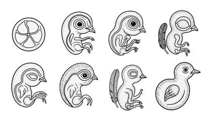 Evolutionary stages of bird embryo hand drawn illustration