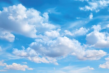 Fototapeta premium Serene Blue Atmosphere with Whimsical White Clouds: A Captivating Sky Background