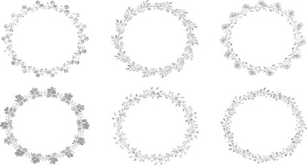 Elegant Floral Wreaths Collection A Set of Six Delicate Botanical Frames for Invitations and Designs