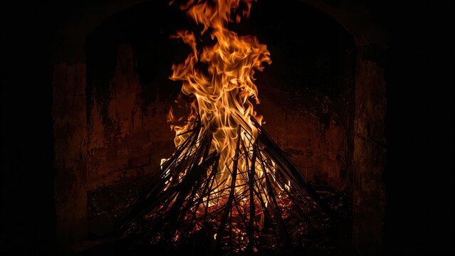 A large campfire or bonfire burning inside a dark, enclosed space with flames rising high. - Powered by Adobe