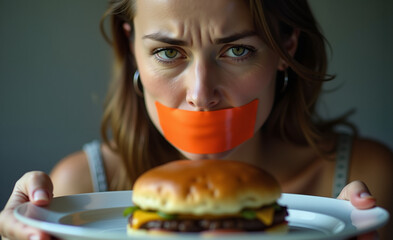 A young woman with her mouth taped shut looks serious, holding a hamburger on a plate. Concepts of weight loss, dieting, and self-denial.