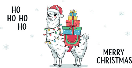 Festive Llama Christmas Card with Gifts and Santa Hat, Whimsical Holiday Greeting