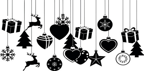 Naklejka premium Hanging Christmas Decorations Gift Boxes, Deer, Ornaments, and More