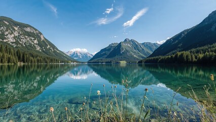 Mountain lake landscape with reflections of mountains and sky, lush green forest, clear water, and flowering plants in the foreground.
