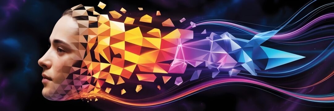 Face dissolving into luminous geometric emotional energy – Great for abstract concepts, mental health, or digital art. - Powered by Adobe