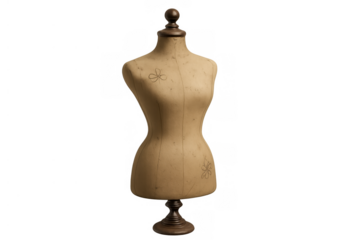Vintage sewing tailor dress form displaying fashion design and clothing retail business concept isolated