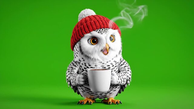 Cartoon Owl with Coffee on Green Screen - A cartoon snowy owl wearing a red knit hat is holding a mug of steaming coffee. The background is a bright green screen.