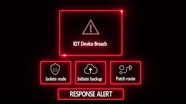 lOT Device Breach response notification on digital interface in data center server room with isolate node initiate backup patch route options. glowing neon lights cybersecurity hacking warning