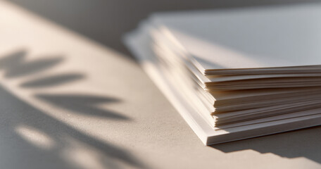 Close-up of a neatly stacked pile of blank white paper sheets casting soft shadows on a smooth surface in natural light
