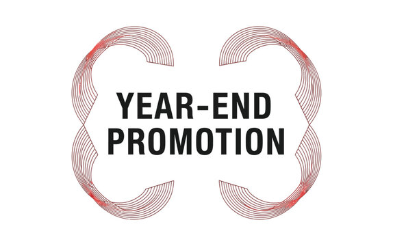 Year-end promotion text is surrounded by abstract red graphics on a white background.