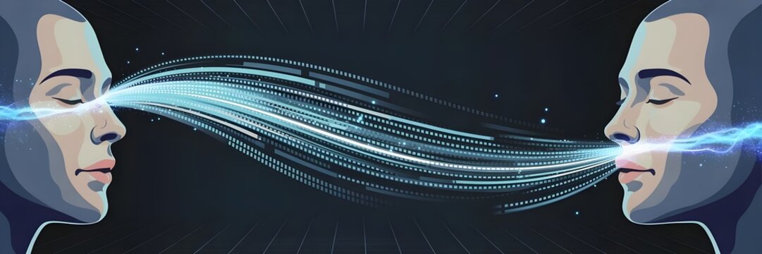 Two faces connected by luminous data streams in cyberspace – Abstract digital communication art.