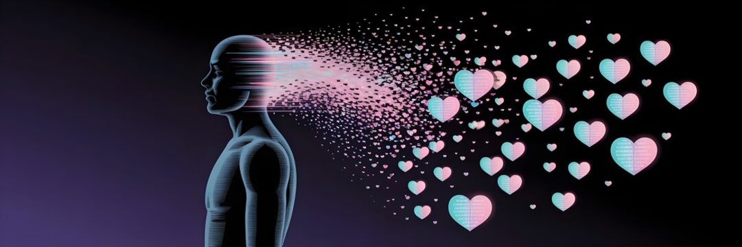 Human form fragmenting into luminous heart-shaped data – Digital art for love and data visualization.