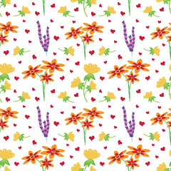 A seamless botanical pattern featuring vibrant flowers and bright red hearts. Seamless pattern on a white background.