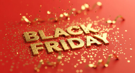 Golden sparkling text of Black Friday surrounded by shimmering particles, creating a festive atmosphere for holiday shopping promotions and sales events with vibrant energy