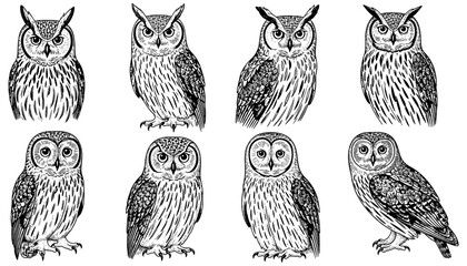 Ink style owl variations: detailed black and white bird designs