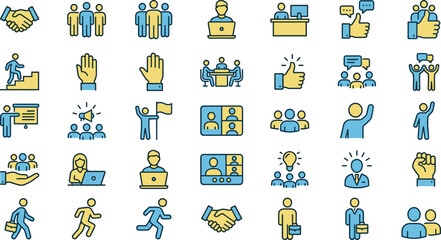 Teamwork, Business, and People Icons Collaboration, Communication, Management, Partnership, and Success Symbols for Corporate Development and HR