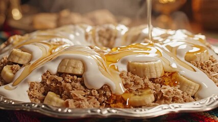 Delicious Asida Dish Preparation CloseUp of Honey Being Drizzled Over a Traditional Libyan Dessert with Banana Slices Cream and Semolina Creating a Sweet and Creamy Texture.