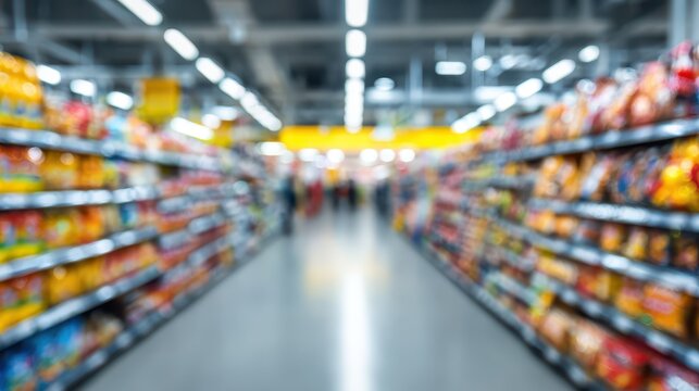 Vibrant CPG Retail Aisle: Abstract Blurred Image of Grocery Store Shelves During Consumer Demand Surge