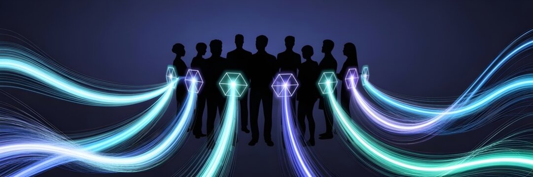 Group of people connected by luminous geometric data flow – Perfect for networking, unity, or future technology themes.