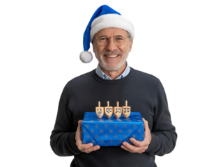 A smiling man in a Santa hat holds a gift with dreidels for Hanukkah.