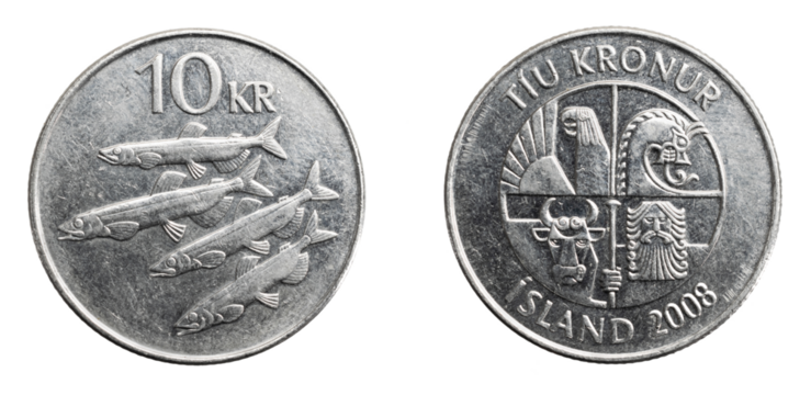 Iceland ten crowns coin on white isolated background