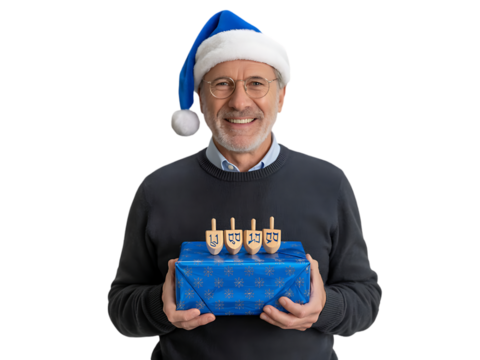 A smiling man in a Santa hat holds a gift with dreidels for Hanukkah. - Powered by Adobe