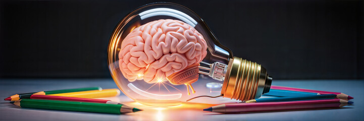 Idea concept with brain inside light bulb and pencils
