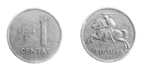 Lithuania one centas coin on a white isolated background