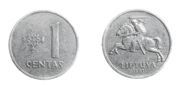 Lithuania one centas coin on a white isolated background