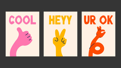 Cute expressive hand posters with fun quotes, retro palette and bold shapes — ideal for playful interiors, modern prints and youth-style wall art.