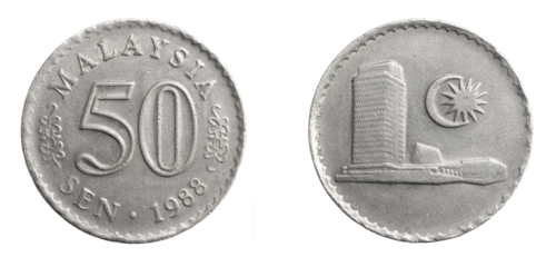 Malaysia fifty sen coin on a white isolated background