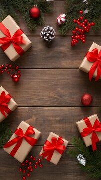 Regalos navide&ntilde;os festivos con cintas rojas rodeadas de decoraciones navide&ntilde;as en una mesa antigua de madera r&uacute;stica. 