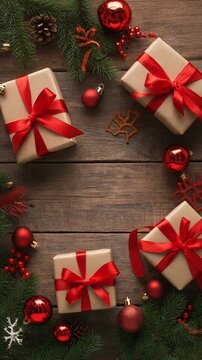 Regalos navide&ntilde;os festivos con cintas rojas rodeadas de decoraciones navide&ntilde;as en una mesa antigua de madera r&uacute;stica. 