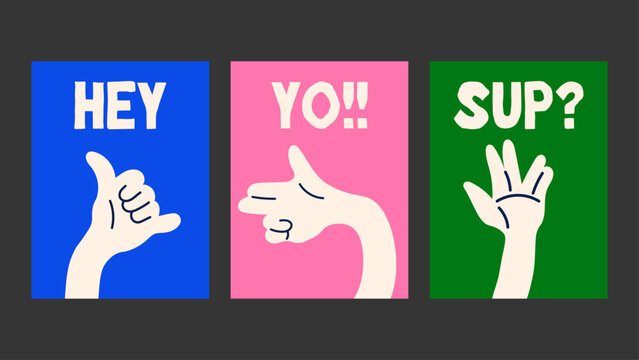 Bright cartoon hands with humorous captions — a poster collection in groovy retro style ideal for playful decor, design projects and modern wall prints.
