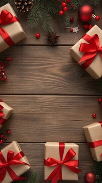 Regalos navide&ntilde;os festivos con cintas rojas rodeadas de decoraciones navide&ntilde;as en una mesa antigua de madera r&uacute;stica. 