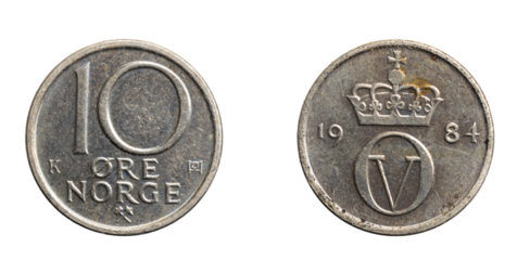 Norway ten ore coin on a white isolated background