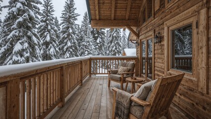 A cozy wooden balcony with chairs overlooking a snowy forest scene. Winter landscape, cabin setting, outdoor seating. Rustic and tranquil environment.