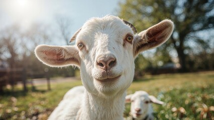 Obraz premium Close-up of a goat's face with a blurred background, featuring natural outdoor sunlight and trees.