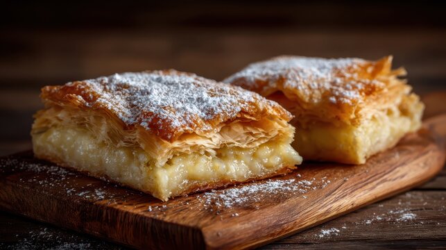 Traditional Bougatsa: Greek Puff Pastry Dessert Filled with Vanilla Pudding and Topped with Icing Sugar and Cinnamon