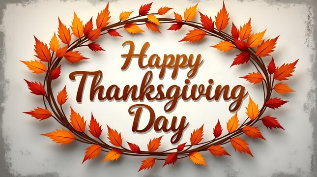 Chalk-drawn effect Thanksgiving Day logo in vector format with realistic autumn leaves framing the lettering