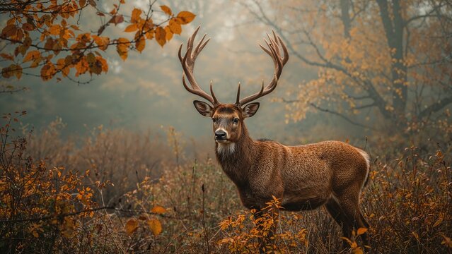 A majestic deer with antlers standing in an autumn forest scene. Nature and wildlife, autumn scenery, forest, animal. The image of a majestic deer in autumn forest. - Powered by Adobe